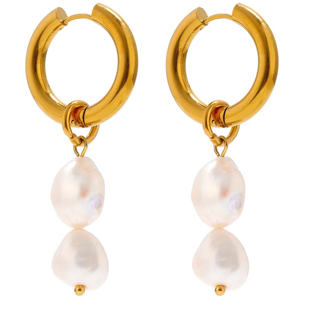 Stainless Steel Natural Pearl Hoop Earrings - Oreela