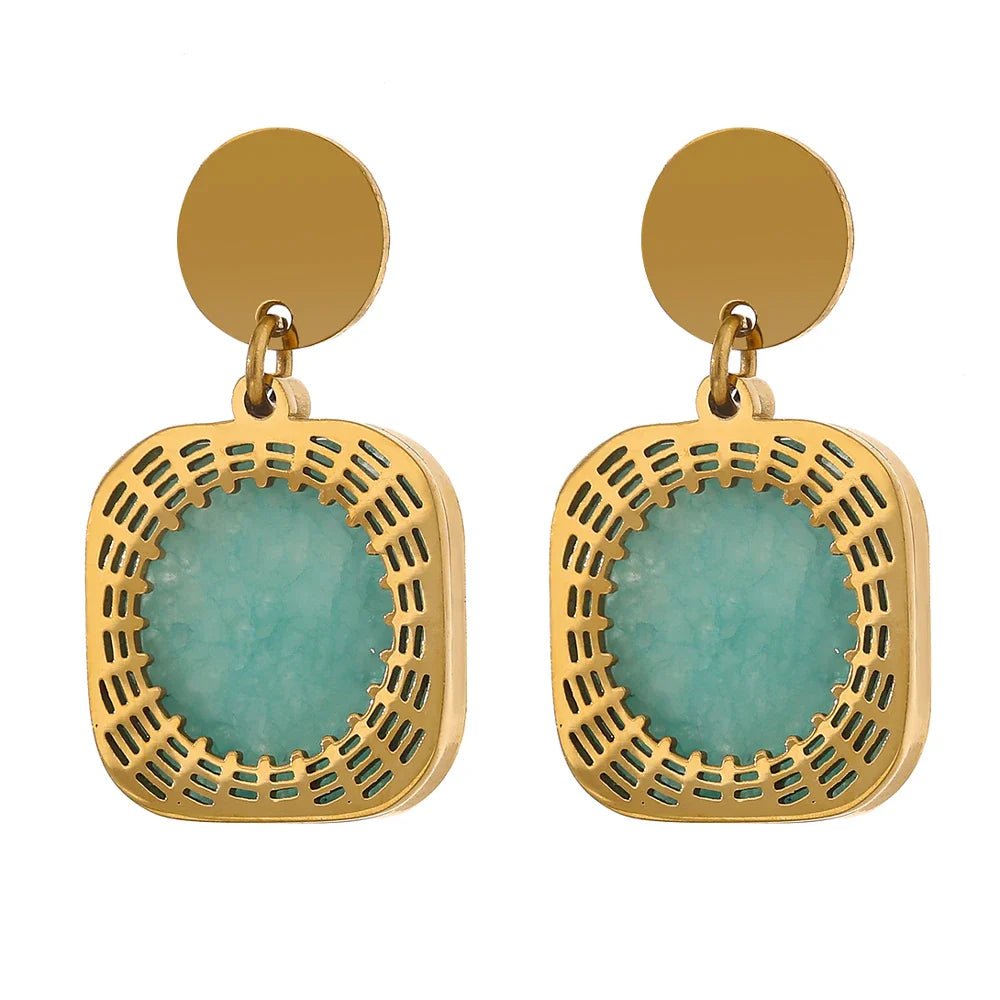 18K Natural Green Stone Dangle Earrings - Oreela