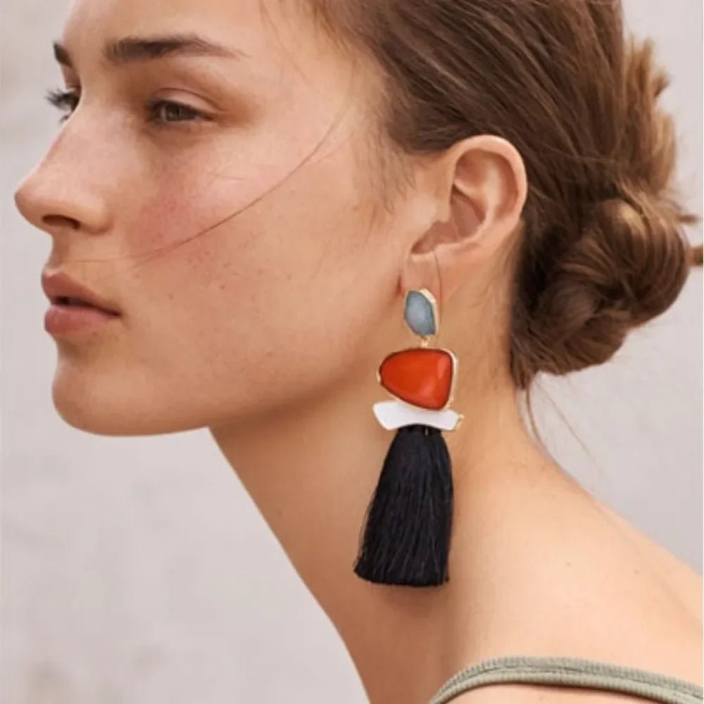 Colorblock Stone & Tassel Earrings - Oreela