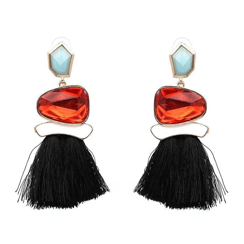 Colorblock Stone & Tassel Earrings - Oreela
