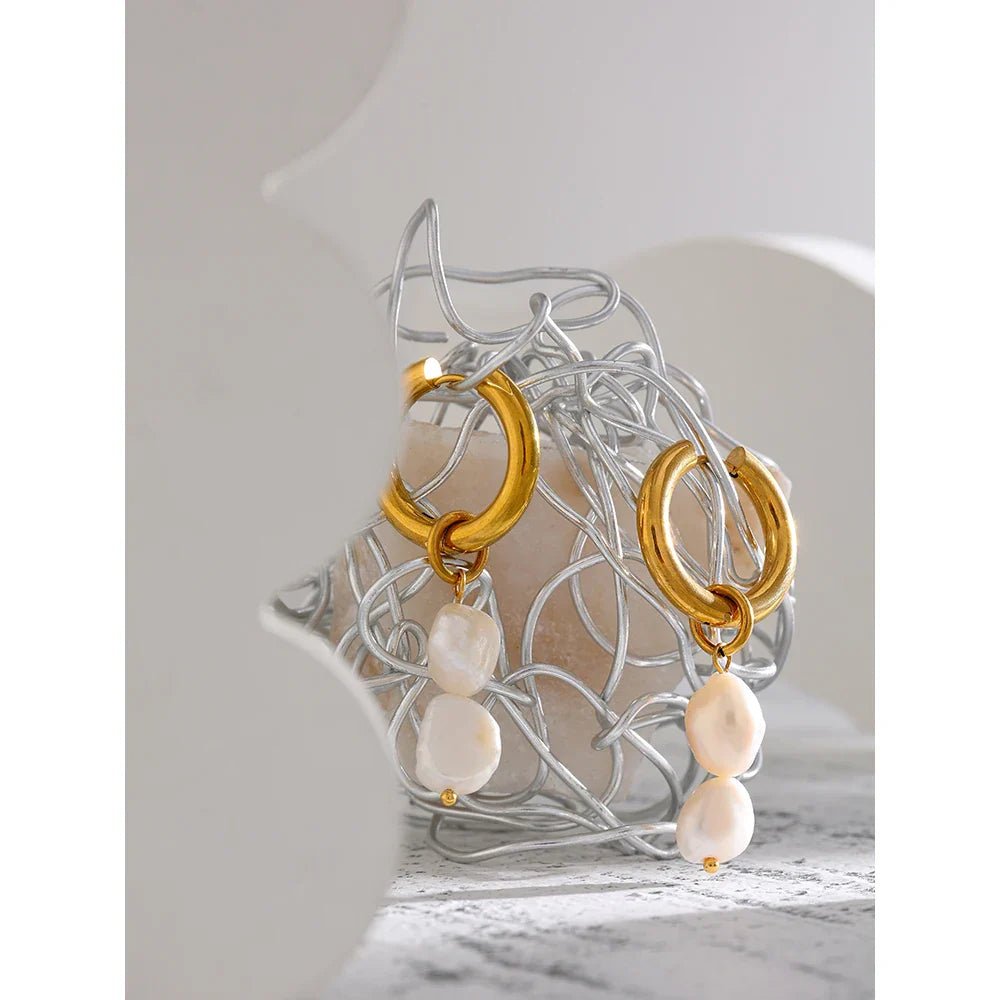 Stainless Steel Natural Pearl Hoop Earrings - Oreela
