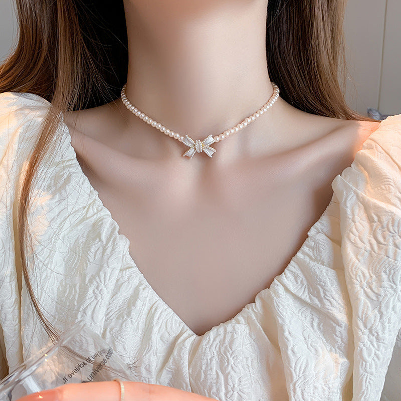 Pearl Necklace with Short Collarbone Chain Bow