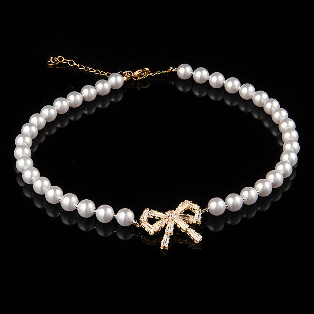Pearl Necklace with Short Collarbone Chain Bow