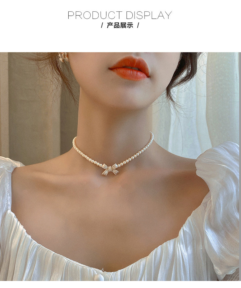 Pearl Necklace with Short Collarbone Chain Bow