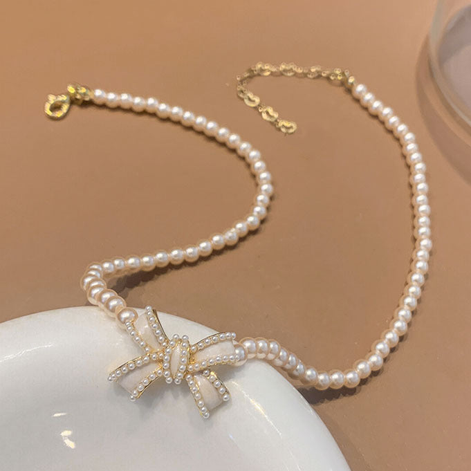 Pearl Necklace with Short Collarbone Chain Bow