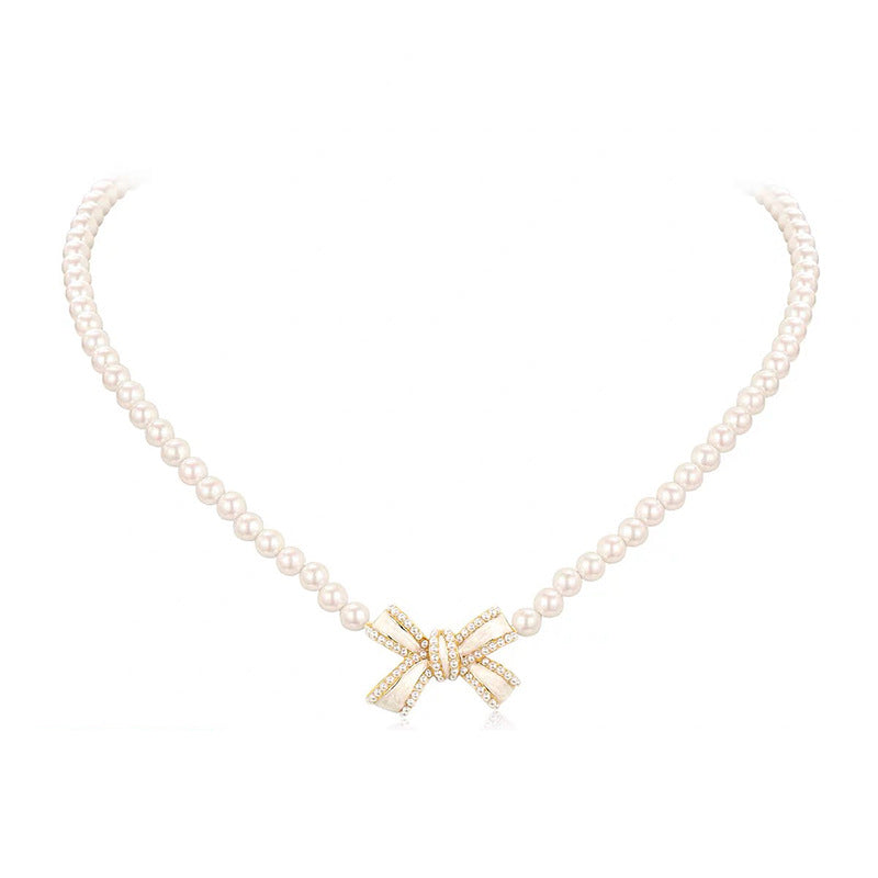 Pearl Necklace with Short Collarbone Chain Bow