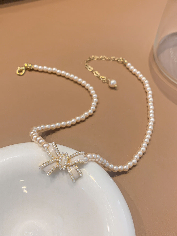 Pearl Necklace with Short Collarbone Chain Bow