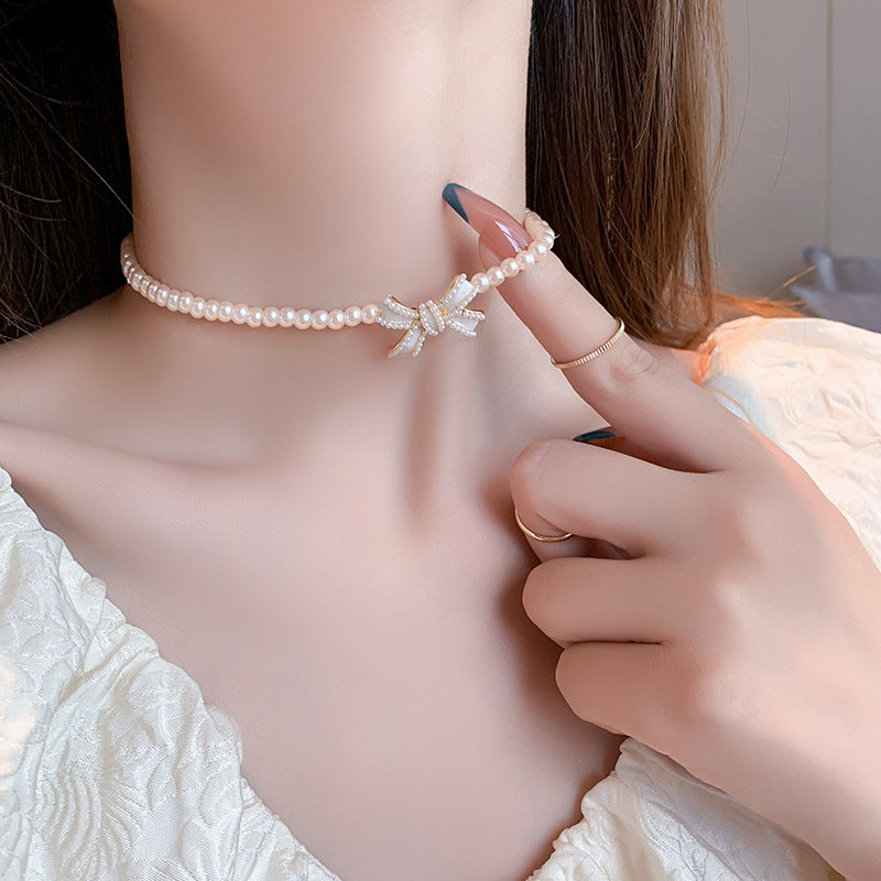Pearl Necklace with Short Collarbone Chain Bow