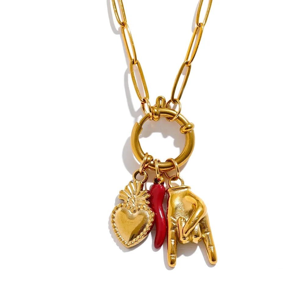 Palm & Red Chili Heart Pendant Necklace - Oreela