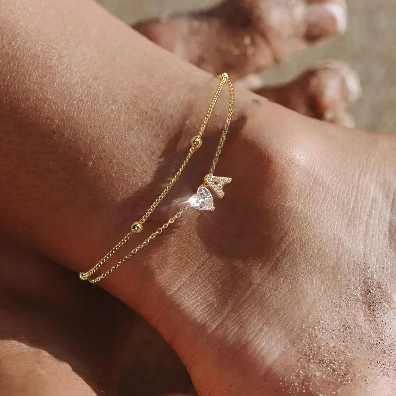 Golden Initial Heart Layered Anklet