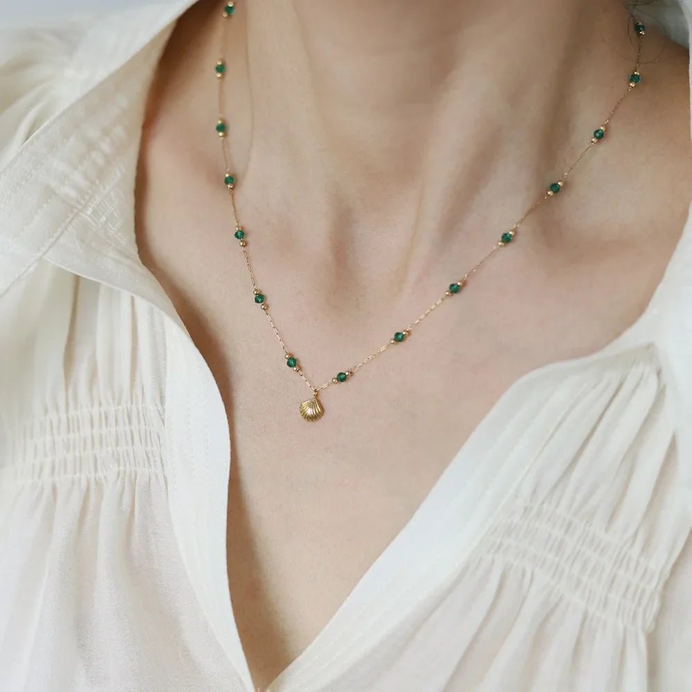 Green Bead & Shell Necklace - Oreela