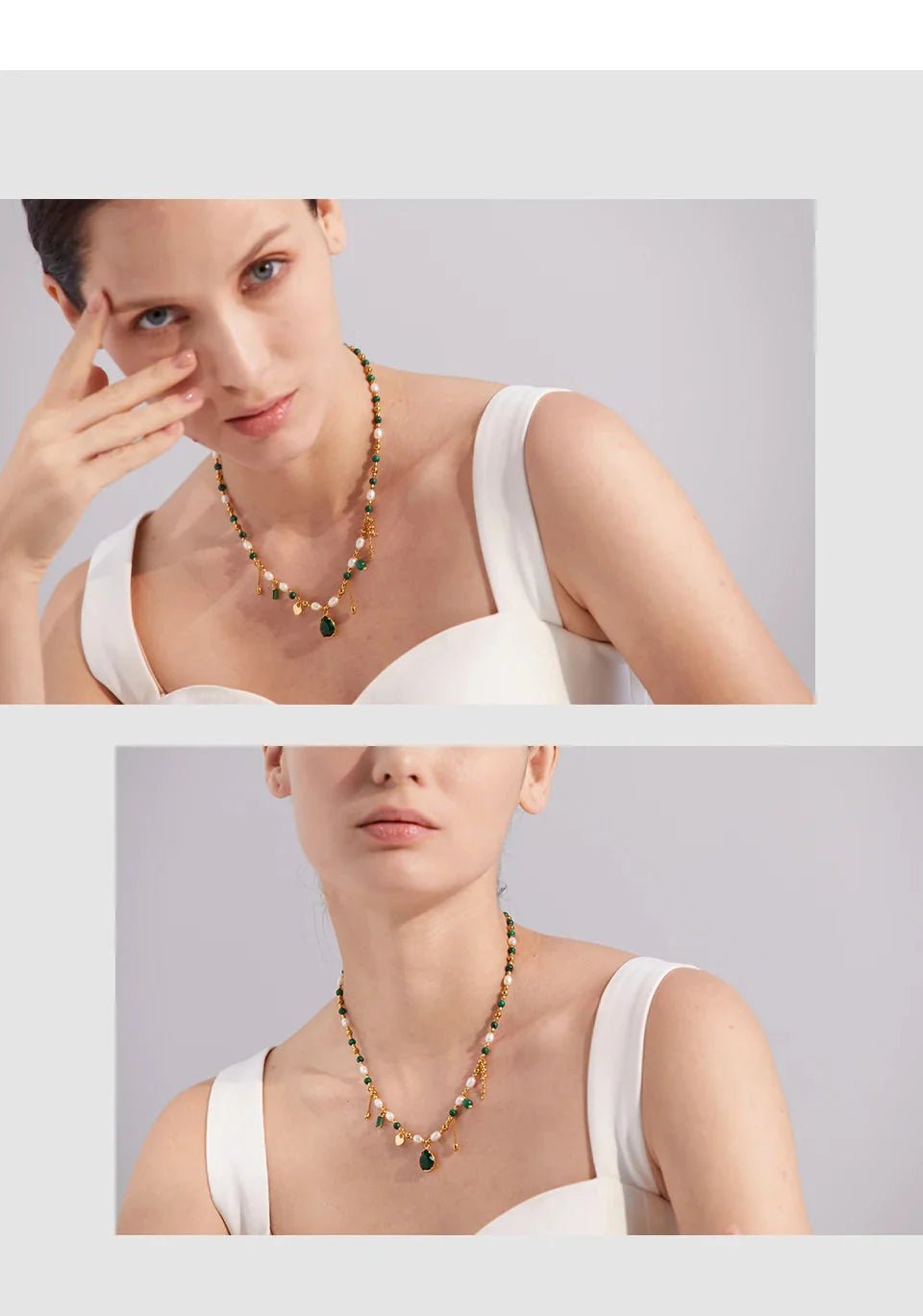 Green Zirconia & Pearl Pendant Necklace - Oreela