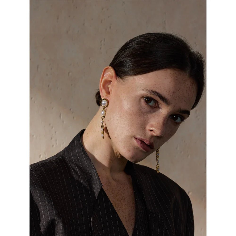 Long Drop Pearl Earrings - Oreela