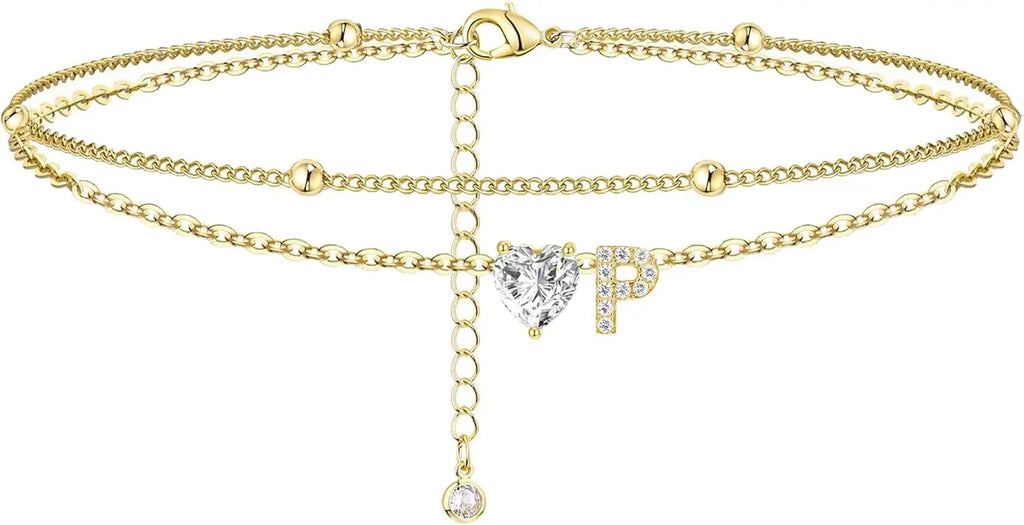 Golden Initial Heart Layered Anklet
