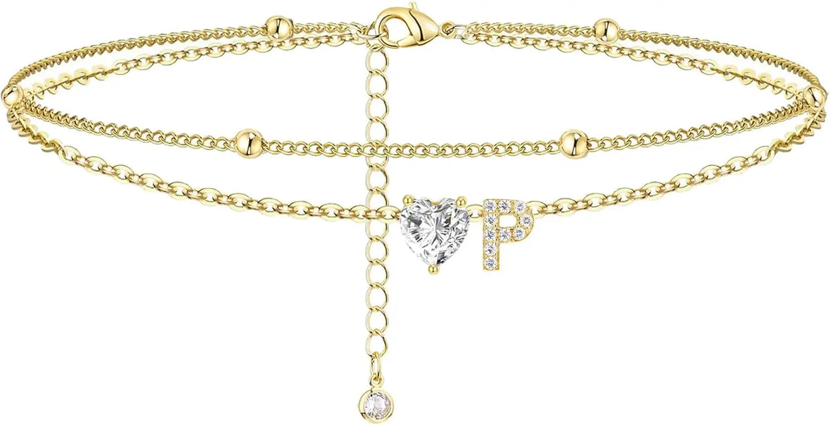 Golden Initial Heart Layered Anklet