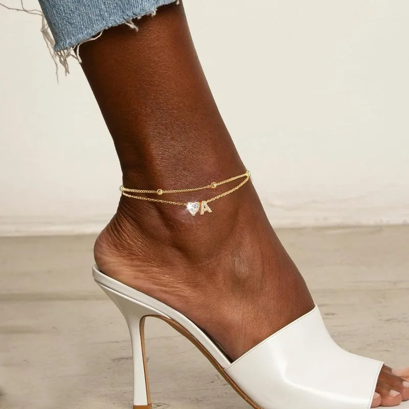 Golden Initial Heart Layered Anklet