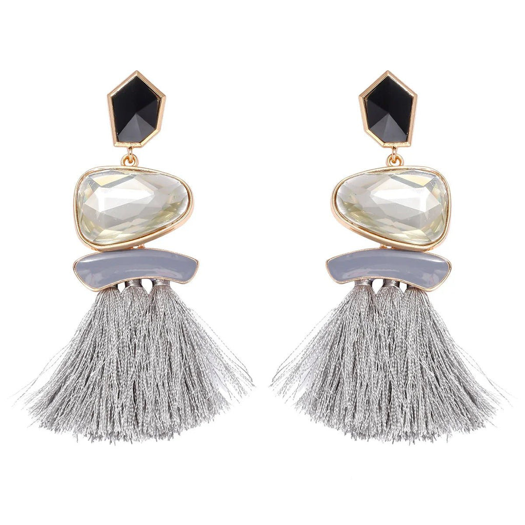 Colorblock Stone & Tassel Earrings - Oreela