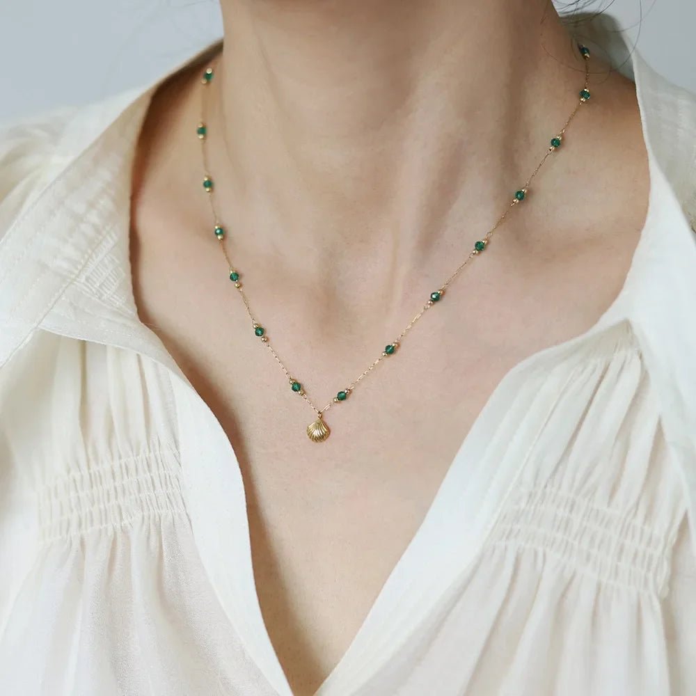 Green Bead & Shell Necklace - Oreela
