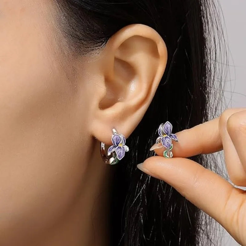 Purple Iris Silver Earrings