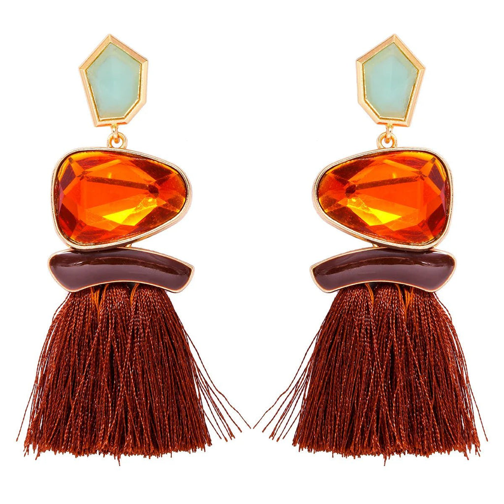 Colorblock Stone & Tassel Earrings - Oreela
