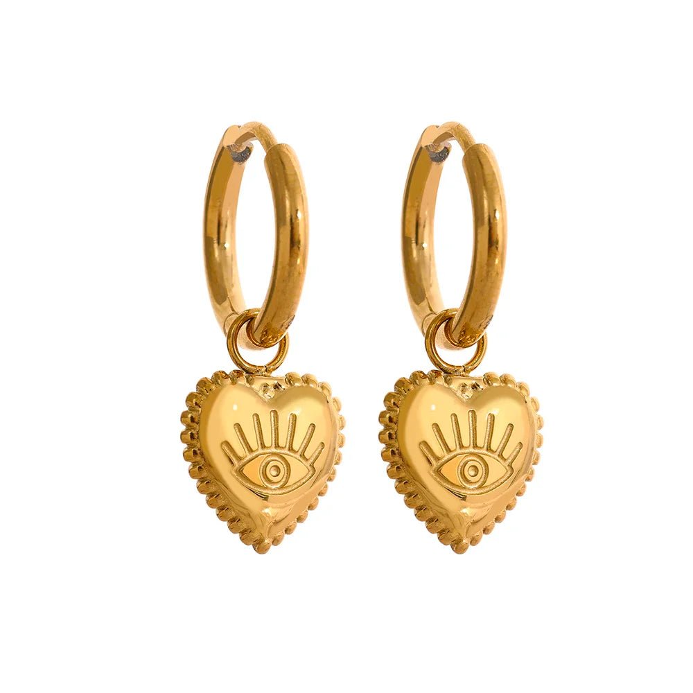 18K Gold Plated Eye & Heart Drop Earrings - Oreela