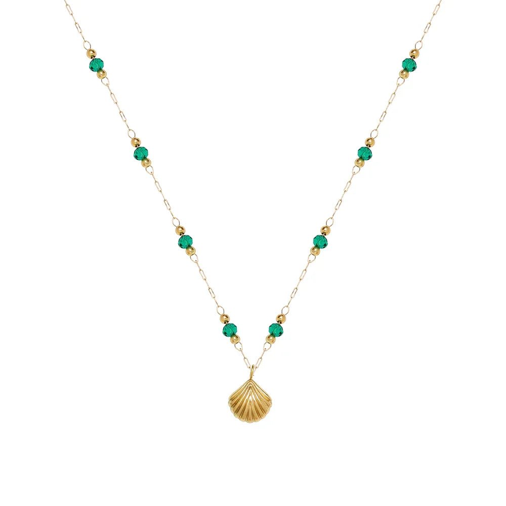 Green Bead & Shell Necklace - Oreela