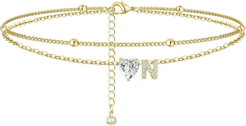 Golden Initial Heart Layered Anklet