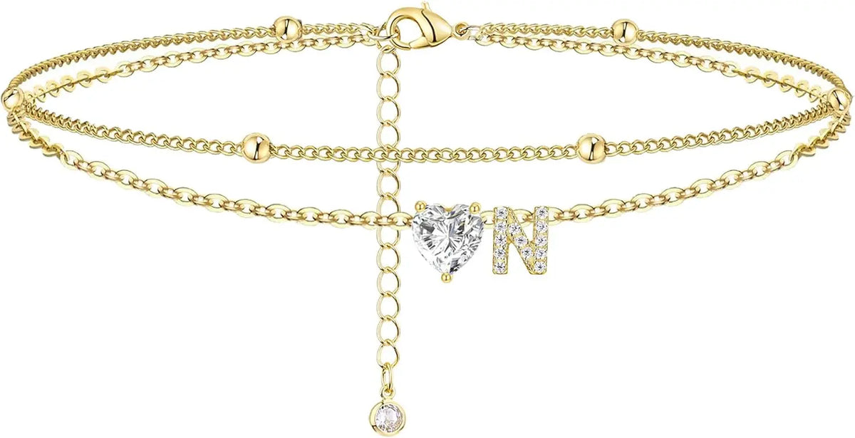 Golden Initial Heart Layered Anklet
