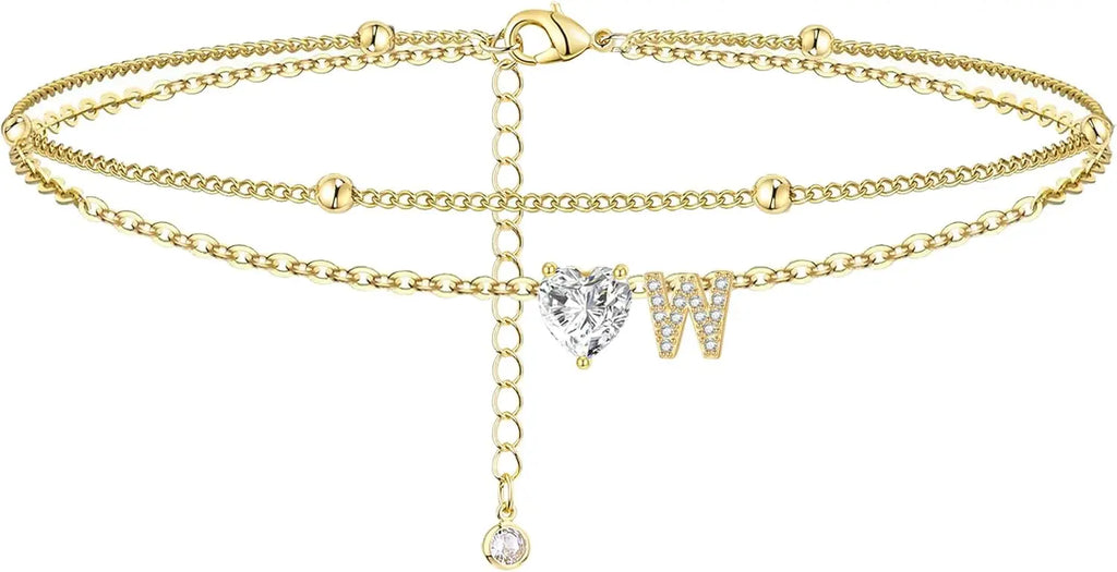 Golden Initial Heart Layered Anklet