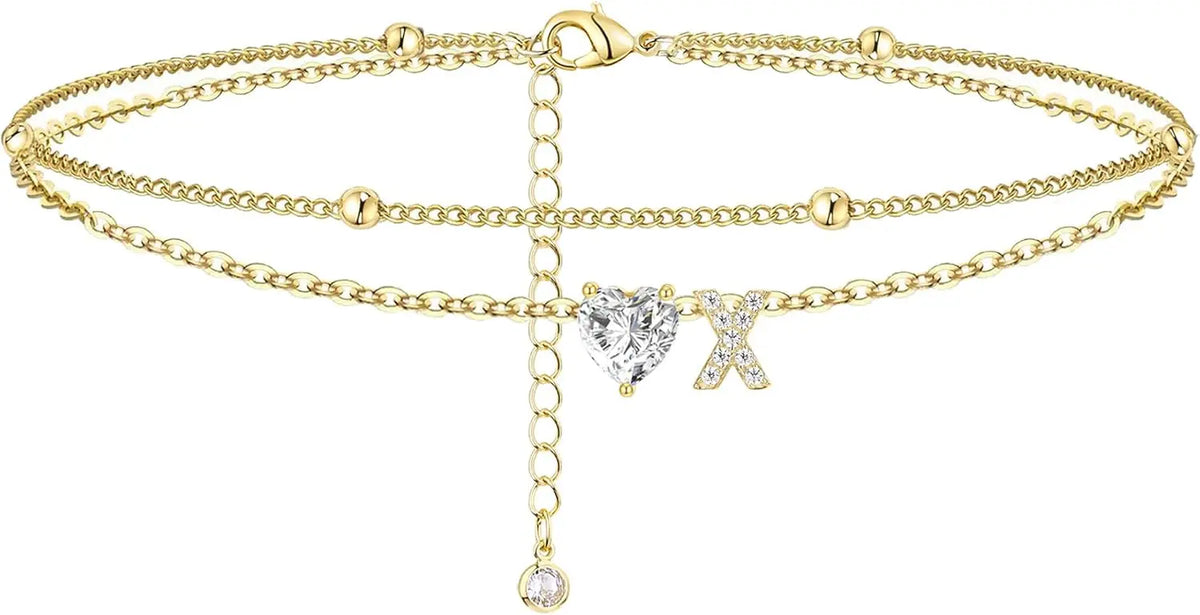 Golden Initial Heart Layered Anklet