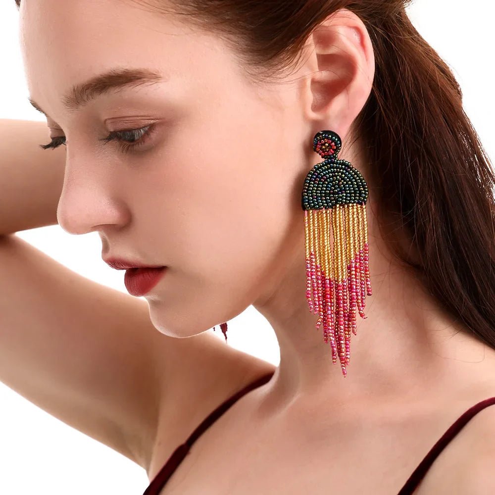 Boho Seed Bead Tassel Earrings - Oreela