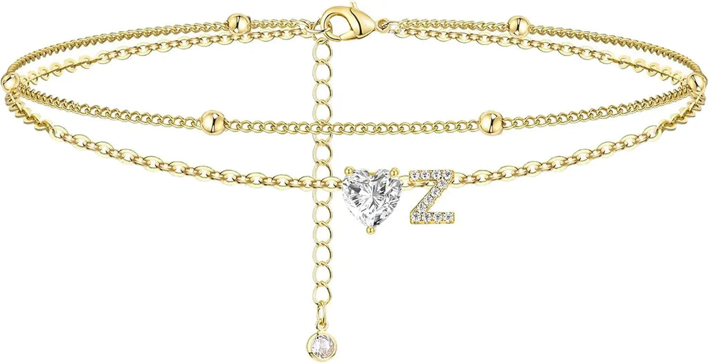 Golden Initial Heart Layered Anklet
