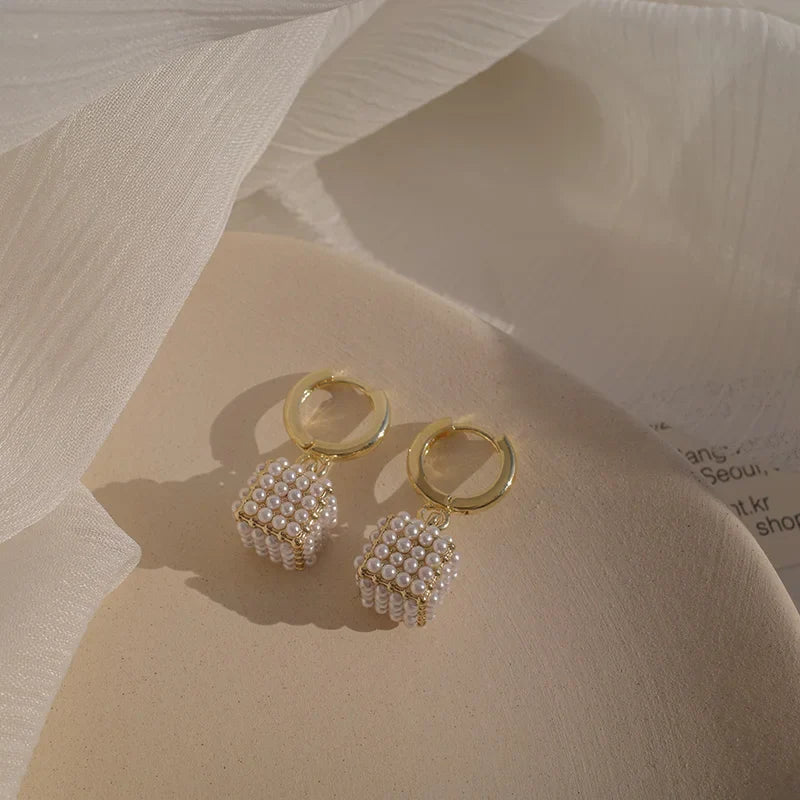 Pearl Square Pendant Earrings - Oreela