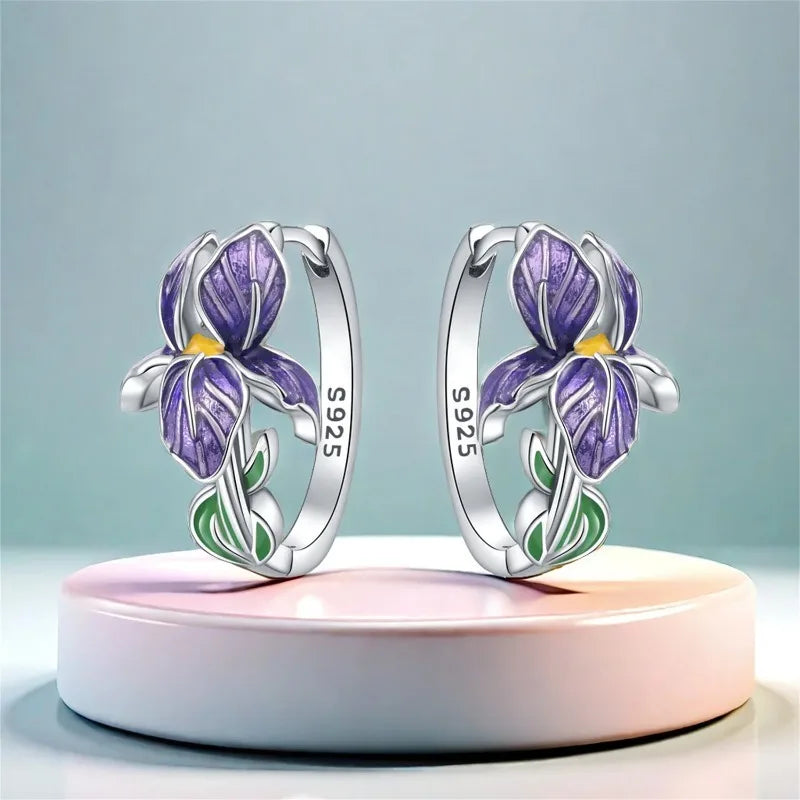 Purple Iris Silver Earrings