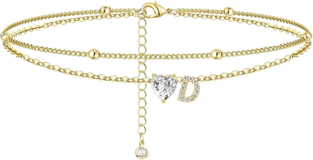 Golden Initial Heart Layered Anklet