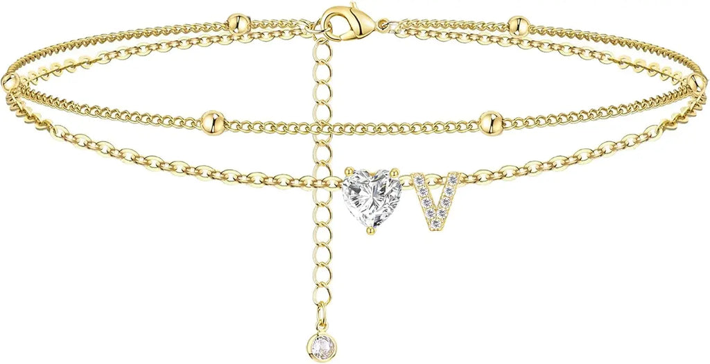 Golden Initial Heart Layered Anklet