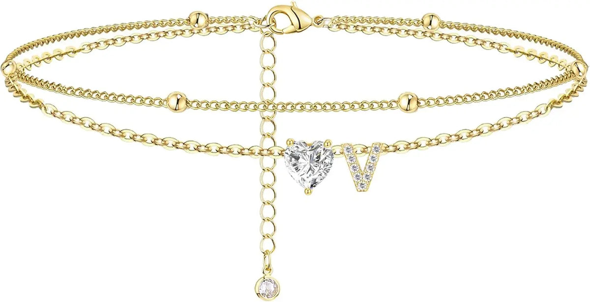 Golden Initial Heart Layered Anklet