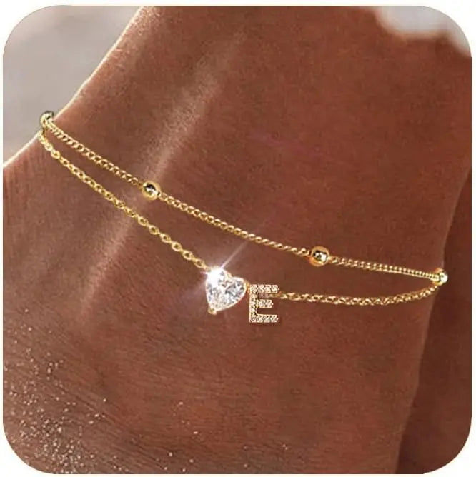 Golden Initial Heart Layered Anklet