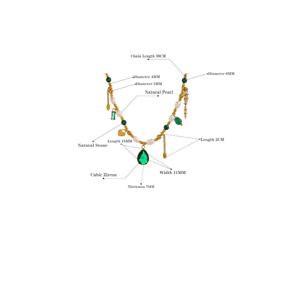 Green Zirconia & Pearl Pendant Necklace - Oreela