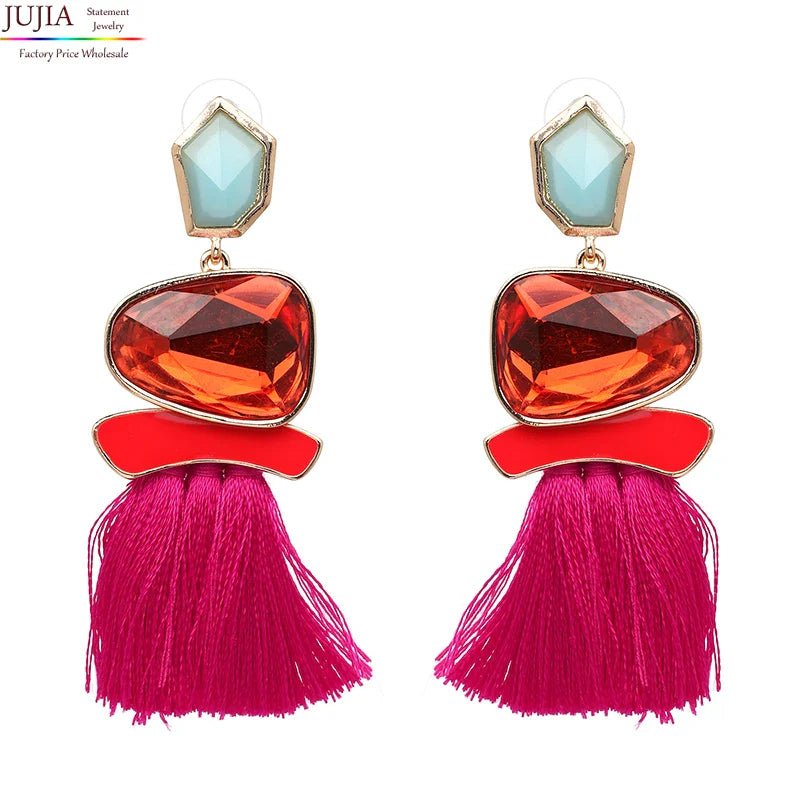 Colorblock Stone & Tassel Earrings - Oreela