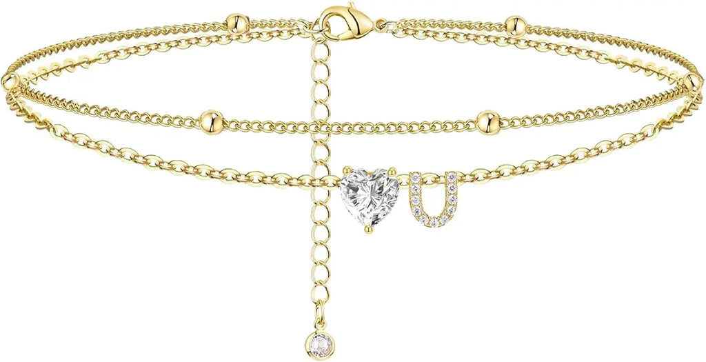 Golden Initial Heart Layered Anklet