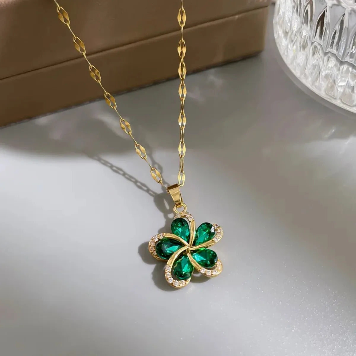 DIEYURO 316L Stainless Steel Green Zircon Flowers Pendant Necklace For Women New Luxury Girls Lucky Chain Birthday Jewelry Gifts