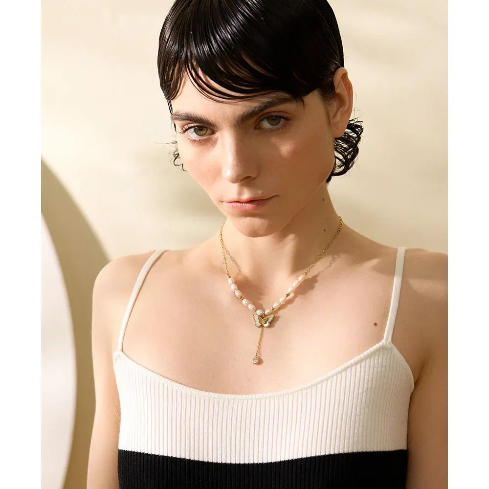 Freshwater Pearl Butterfly Pendant Necklace - Oreela