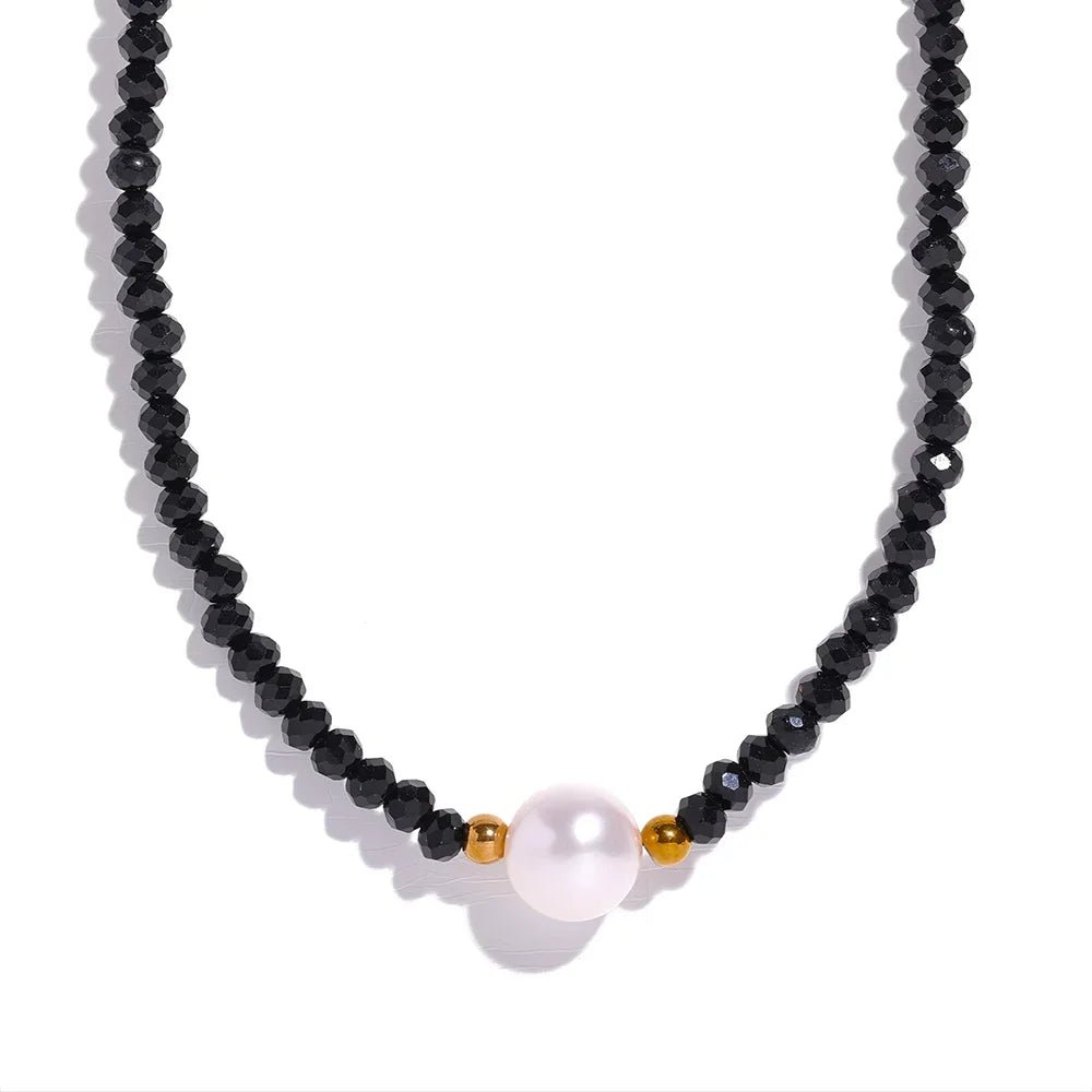 Black Crystal & Pearl Collar Necklace - Oreela