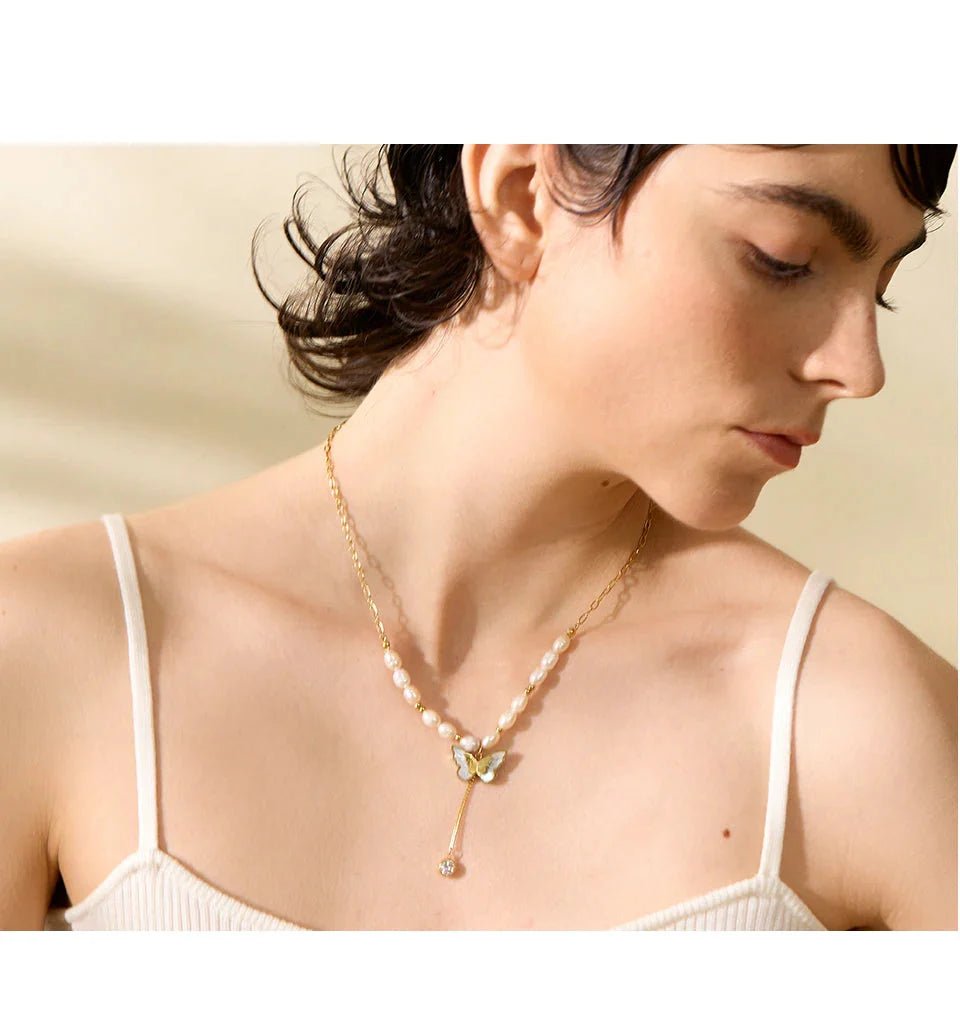 Freshwater Pearl Butterfly Pendant Necklace - Oreela