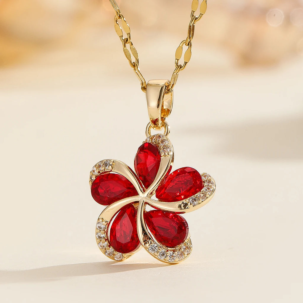 DIEYURO 316L Stainless Steel Green Zircon Flowers Pendant Necklace For Women New Luxury Girls Lucky Chain Birthday Jewelry Gifts