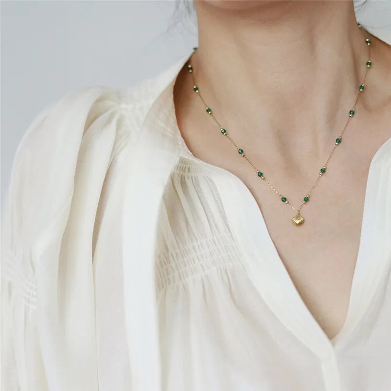 Green Bead & Shell Necklace - Oreela