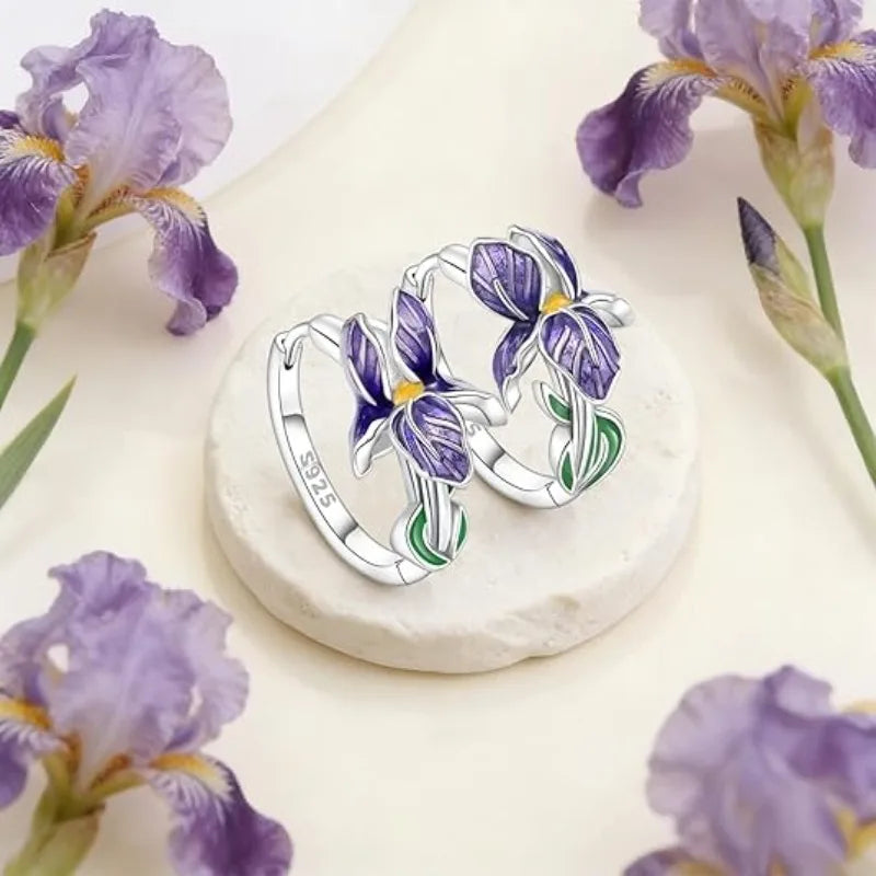 Purple Iris Silver Earrings