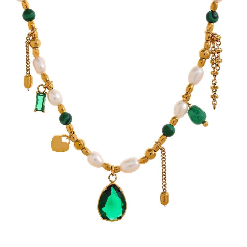 Green Zirconia & Pearl Pendant Necklace - Oreela