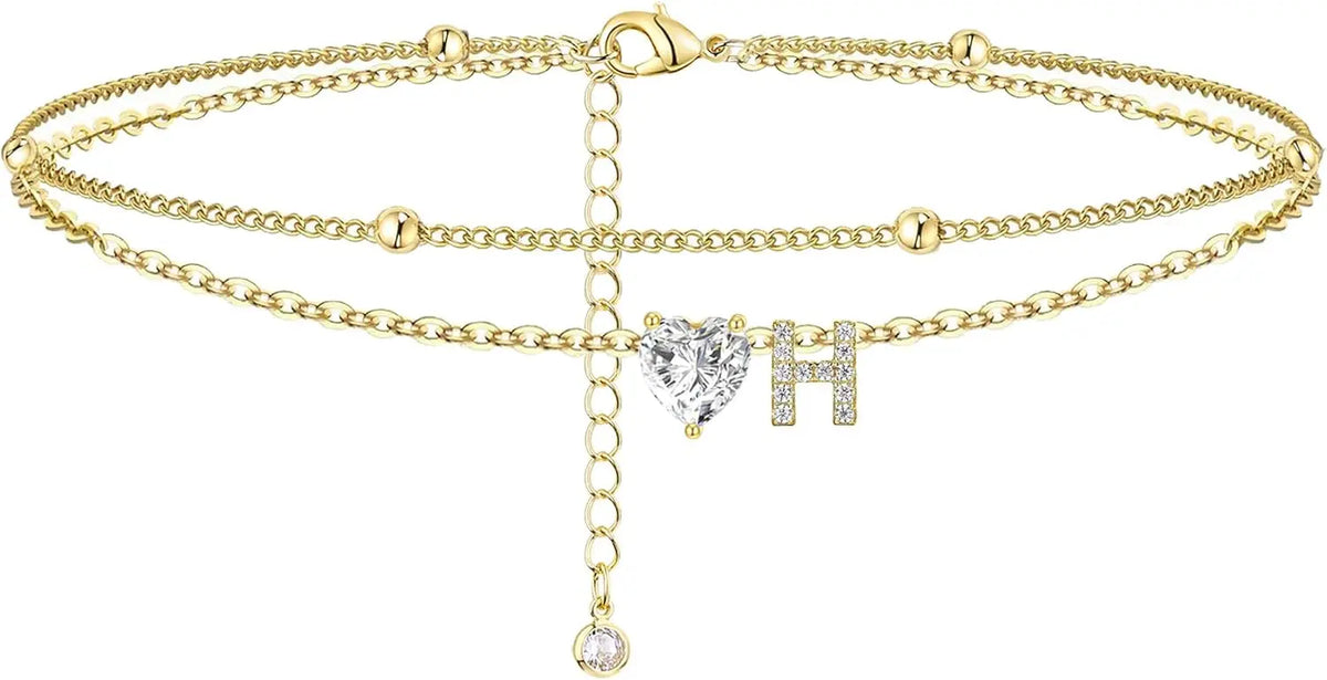 Golden Initial Heart Layered Anklet